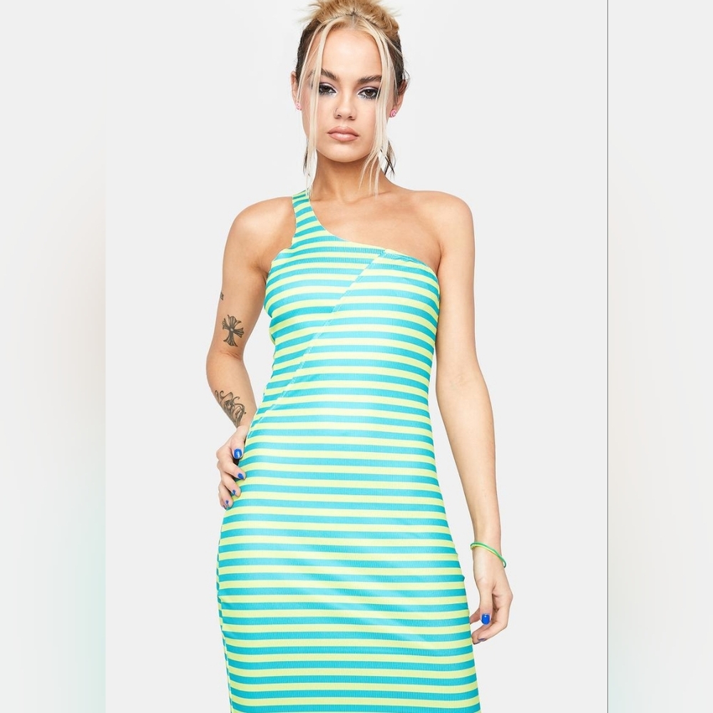 Dolls Kill | Teal and Neon Green Striped One-Shoulder Bodycon Dress NWOT - Picture 5 of 7